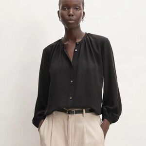 Everlane Black Gathered-Neck Long Sleeve Blouse